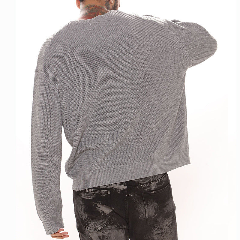 Herr Ledig Strukturerad Stickad Pullover med Round Neck och Drop Shoulders