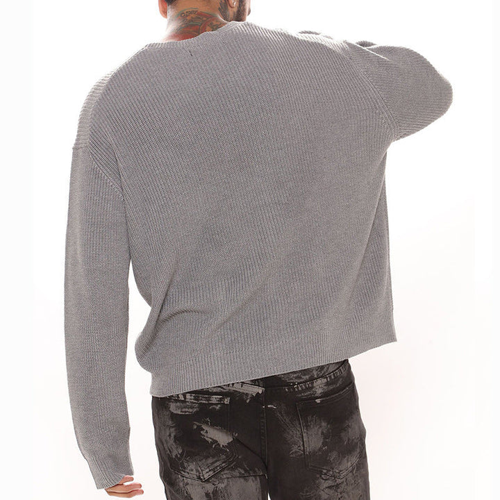 Herr Ledig Strukturerad Stickad Pullover med Round Neck och Drop Shoulders