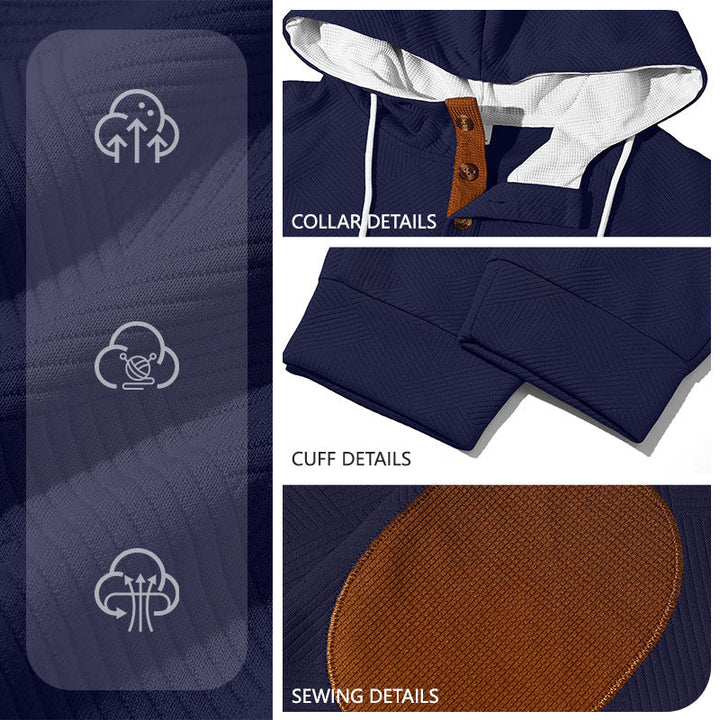Herr Textured Luvtröja Jogging Set med Henley Knapplist och Contrast Elbow Lappar