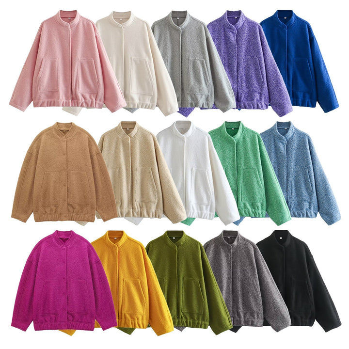 Dam Oversize Fleecejacka med Stå Krage, Patch Front Fickor, och Elastic Nederkant