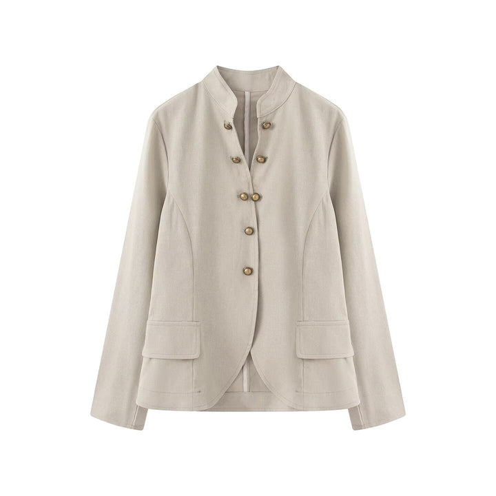 Dam Elegant Kort Jacka med Standing Krage, Dekorativ Toggle Knappar och Lock Fickor