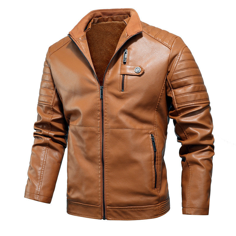 Herr Biker-Inspired Läderimitation Jacka med Quiltad Ärm Sektion och Ståkrage