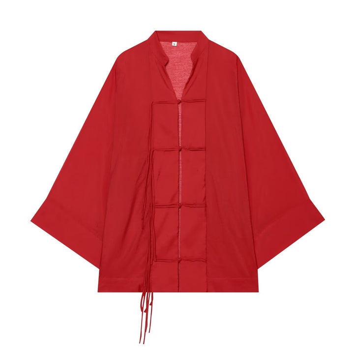 Dam Oversize Kimono Jacka med Dekorativ Knot och Lång Fringed Ribbons