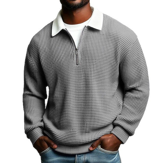Herr Strukturerad Waffle Stickad Pullover med Polo Krage och Kort Dragkedja