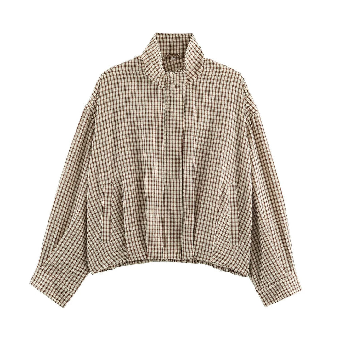 Dam Oversized Rutig Blouson Jacka med Ståkrage