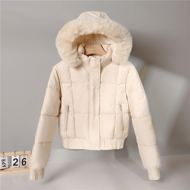 Dam kort isolerande hooded jacka med voluminous pälskrage kant och elastic ribbed fåll
