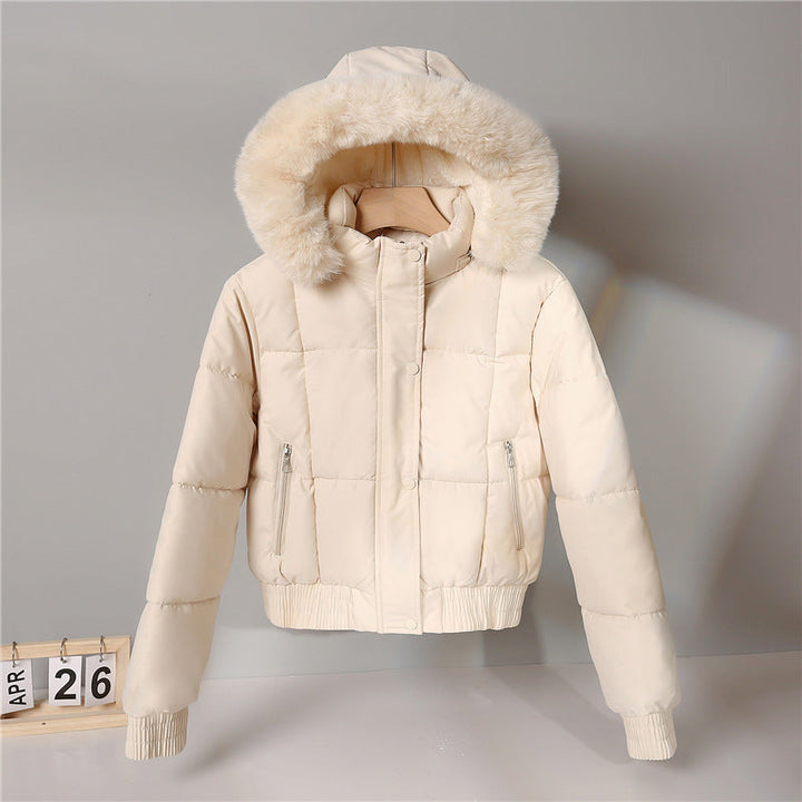 Dam kort isolerande hooded jacka med voluminous pälskrage kant och elastic ribbed fåll