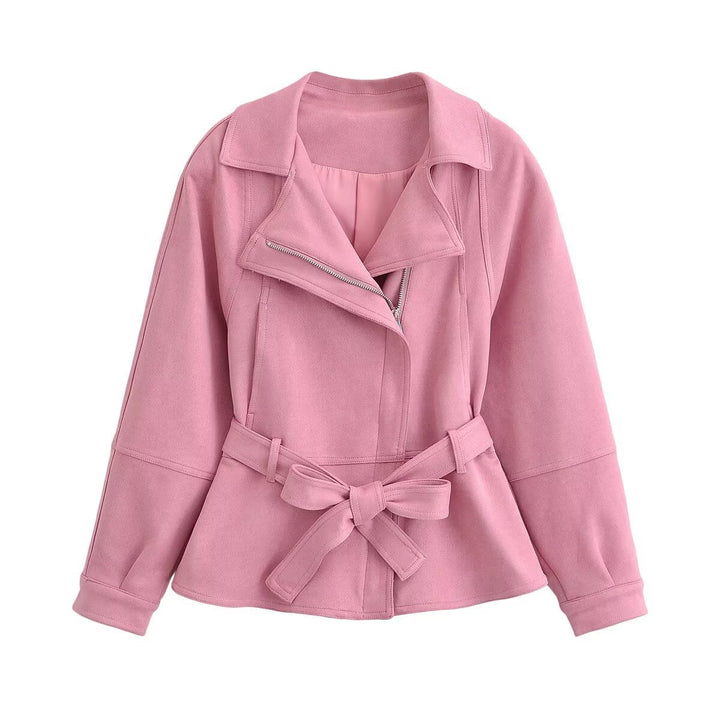 Dam figurnära kort jacka in peplum skärning med bow knytband och asymmetrisk dragkedja