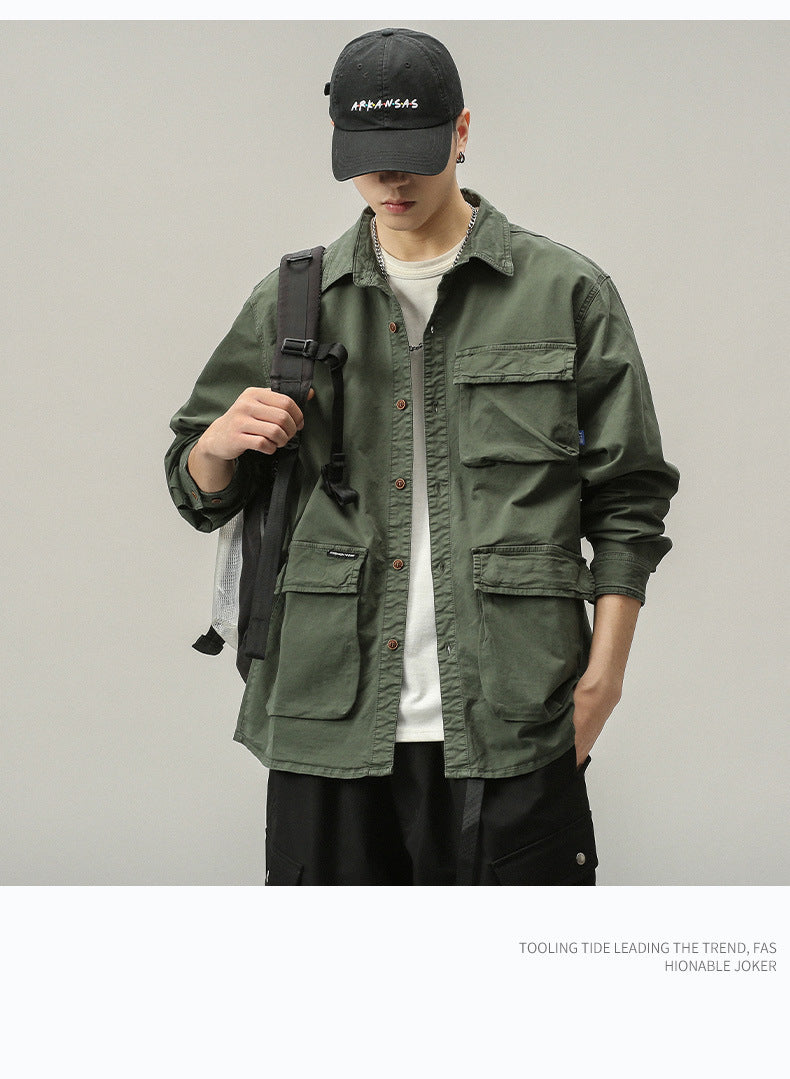Herr Military-Inspired Fältjacka med Flera Fickor och Lös Passform