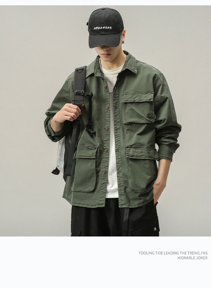 Herr Military-Inspired Fältjacka med Flera Fickor och Lös Passform