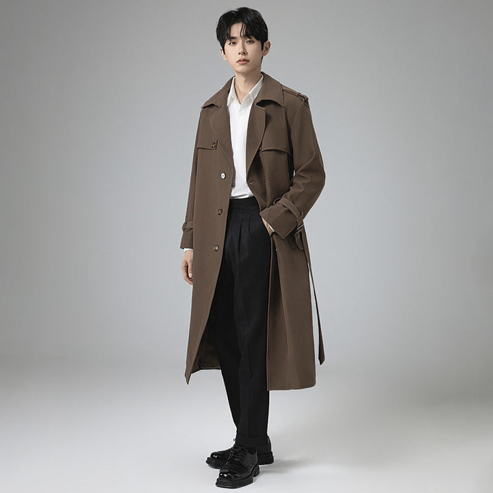 Herr Modern Maxi Lång Double-Breasted Trench Kappa med Klassisk Slag och Justerbar Muddar