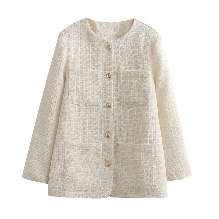 Dam Bouclé-Tweed blazer jacka med rund hals och påsydda fickor