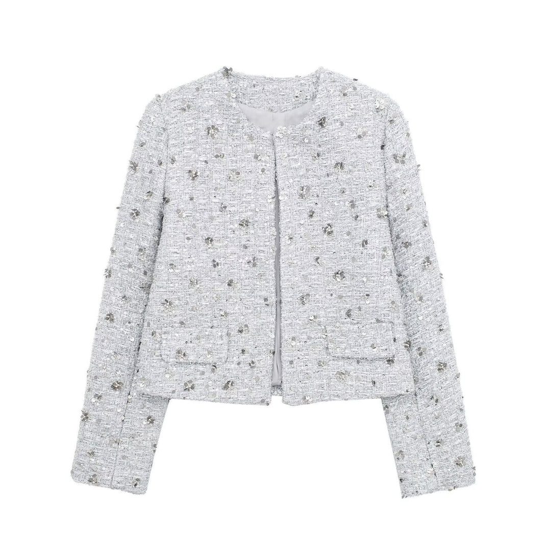 Dam kort-skärning Boucle Tweed jacka med floral sequin appliqué och öppen front