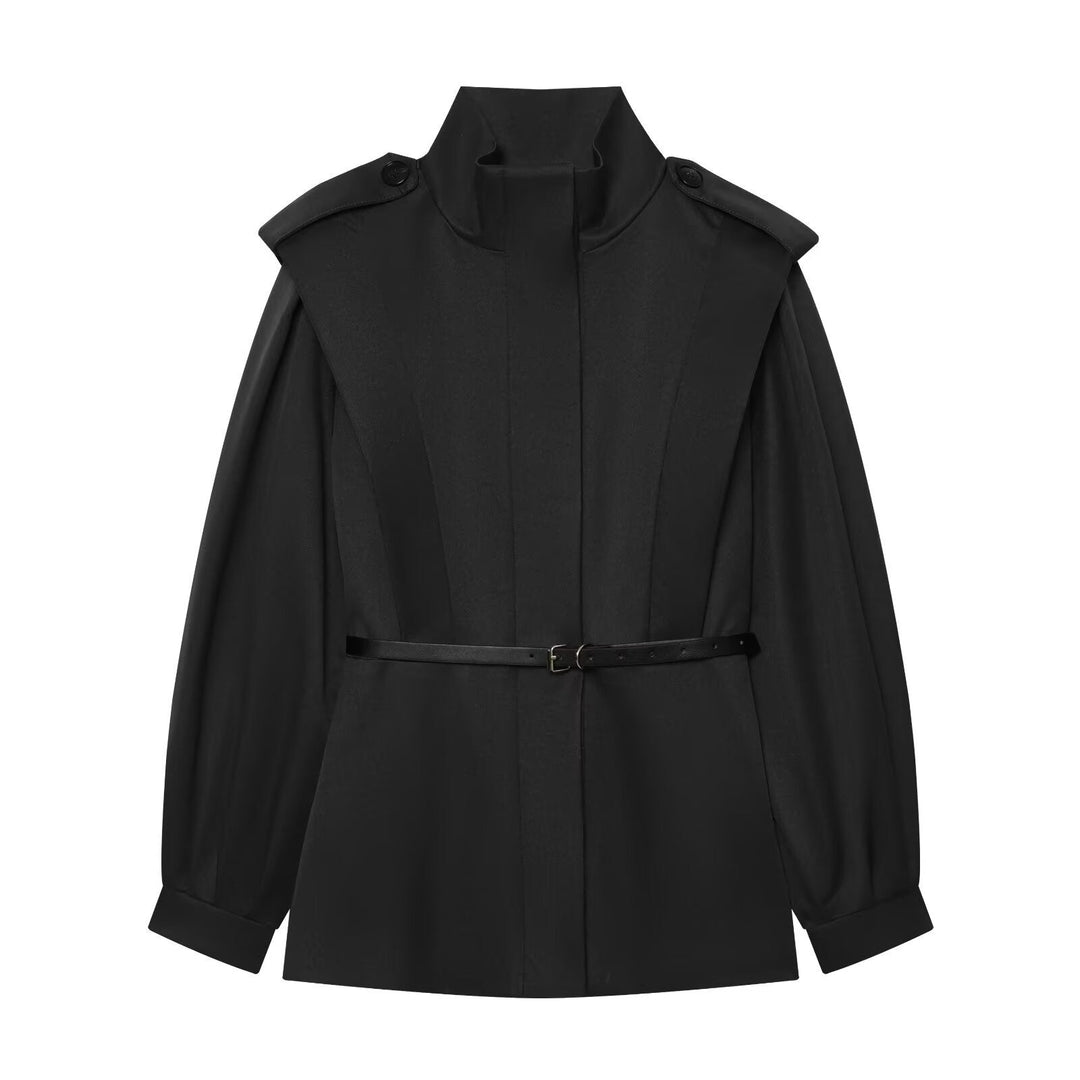 Dam Cape-Like Kappa Jacka med Standing Krage, Shoulder Flaps och Belted Waist