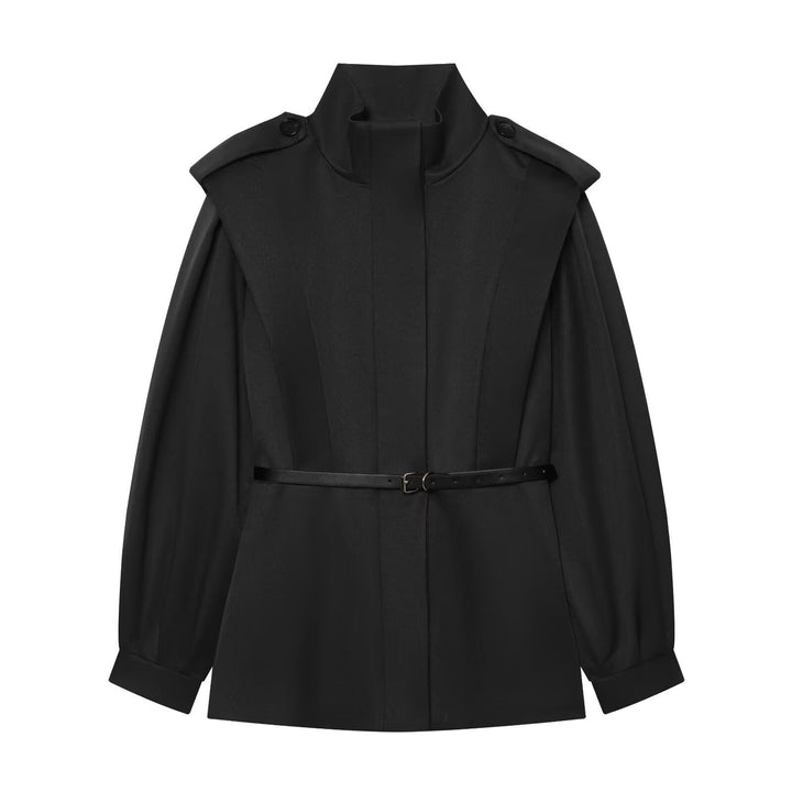 Dam Cape-Like Kappa Jacka med Standing Krage, Shoulder Flaps och Belted Waist