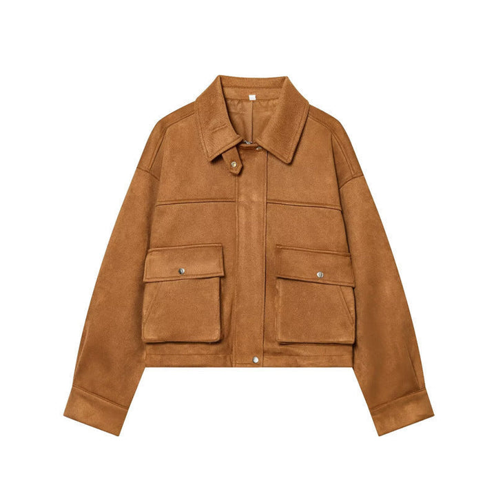 Dam Kort Skärning Boxig Velour Bomberjacka med Lock Fickor och Dold Tryckknapp Knapp Knäppning