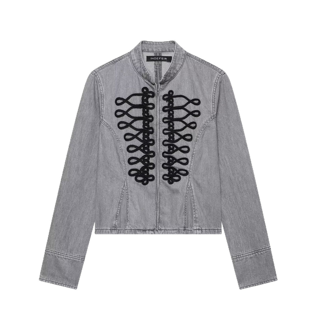 Dam Kort Denimjacka med Mandarin Krage och Dekorativ Knot Details