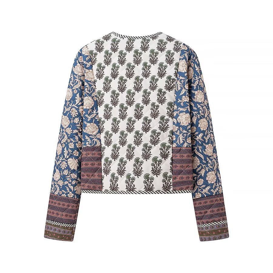 Dam kviltad kort jacka in Boho Patchwork stil med Open fram