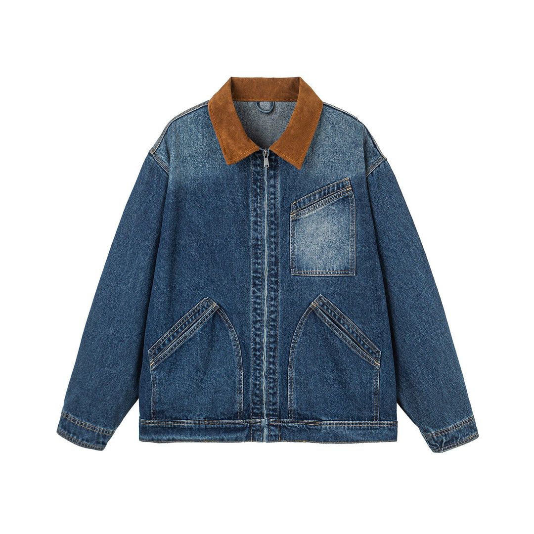 Dam Oversized Denim Jacka med Mocka Krage, Concealed Dragkedja och Distinctive Fickor
