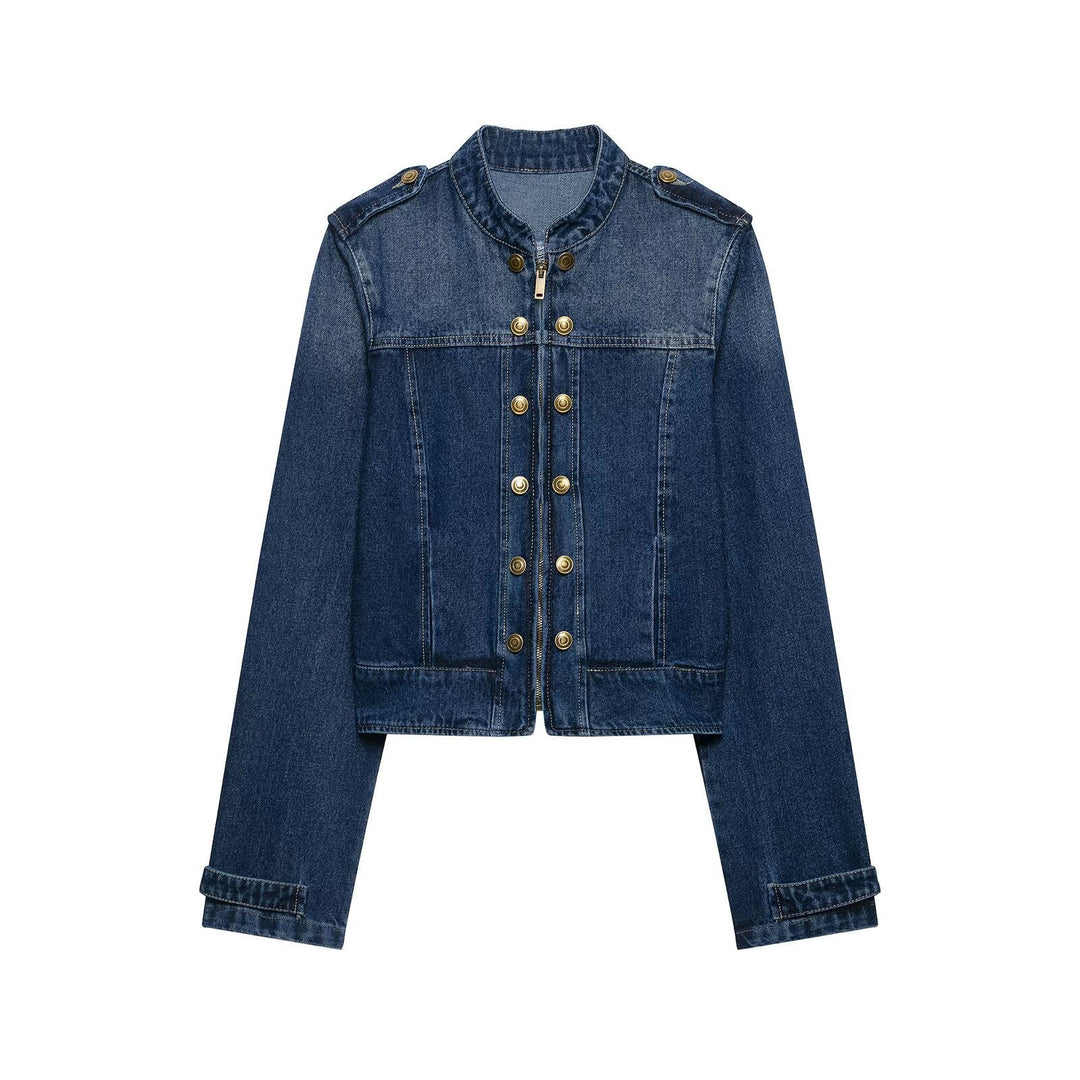 Dam Kort Skärning Denimjacka i Military Stil med Stå Krage