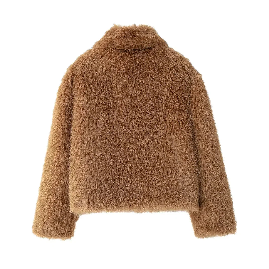 Dam kort mysig faux pälsjacka med skjortkrage och concealed dragkedja placket