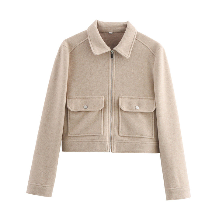 Dam kort-skärning ull look blousonjacka med continuous dragkedja och patch flap fickor