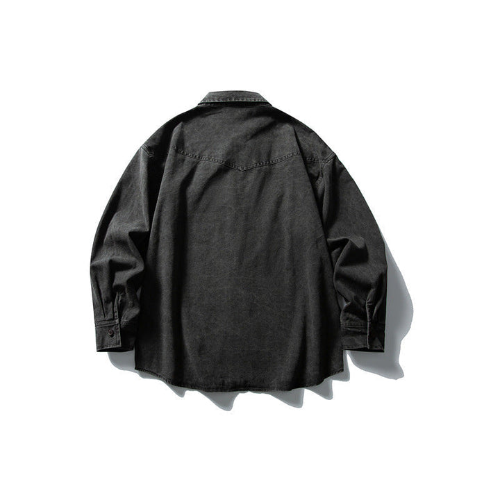 Unisex Oversized Bomull Denim Skjorta Jacka med Lapp Bröst Fickor och Curved Fåll