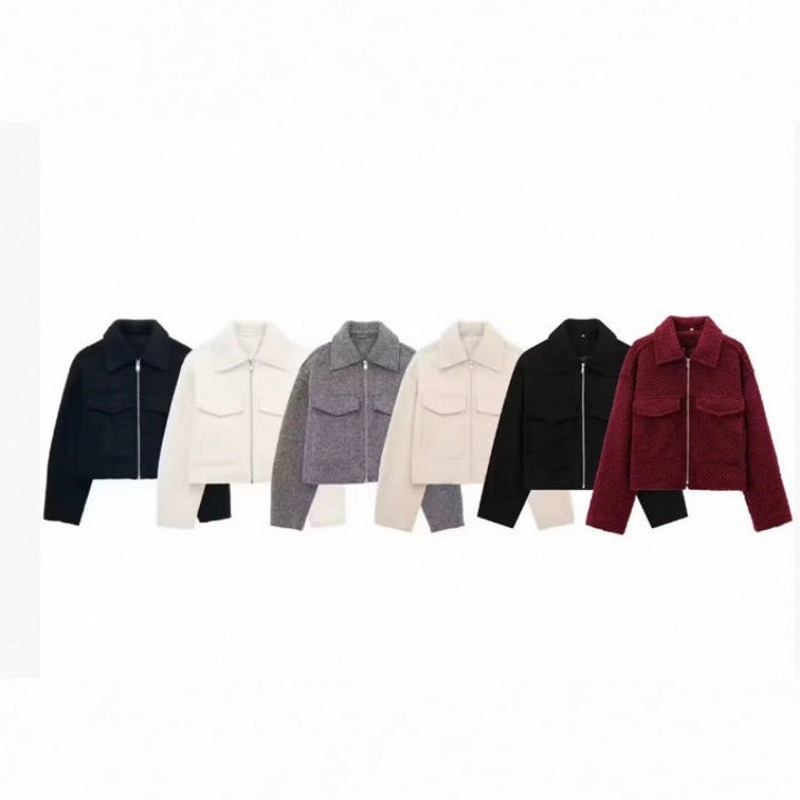 Dam kort jacka in velour look med flap utanpåfickor och hellång dragkedja