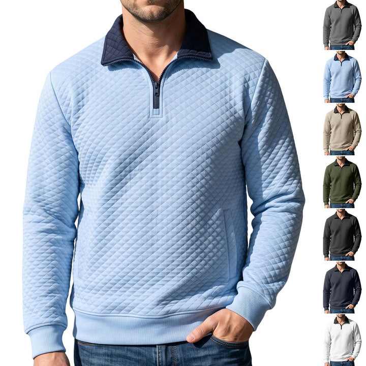 Herr Quiltad Pullover med Troyer Krage och Halv Dragkedja