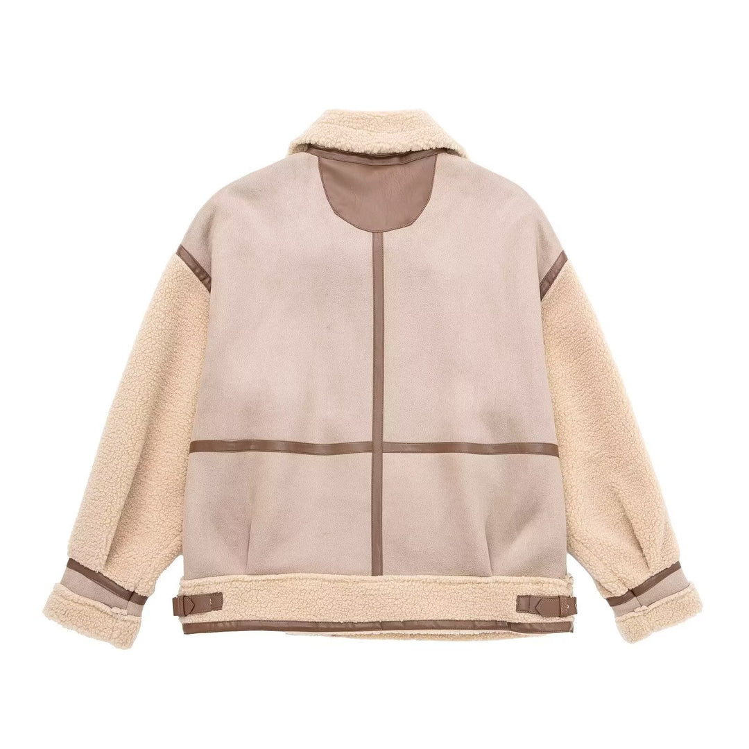 Dam Oversized Flight Jacka med Teddy Foder, Asymmetrical Dragkedja och Konstläder Detaljer