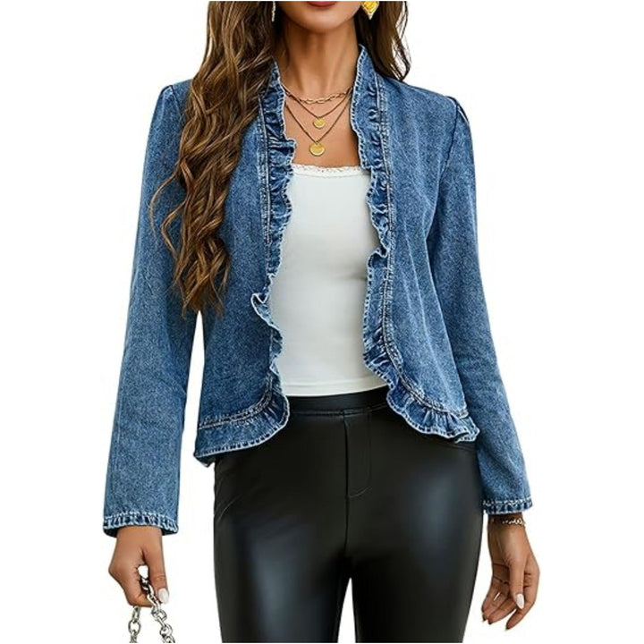 Dam denimjacka med ruffle krage och skräddad silhuett