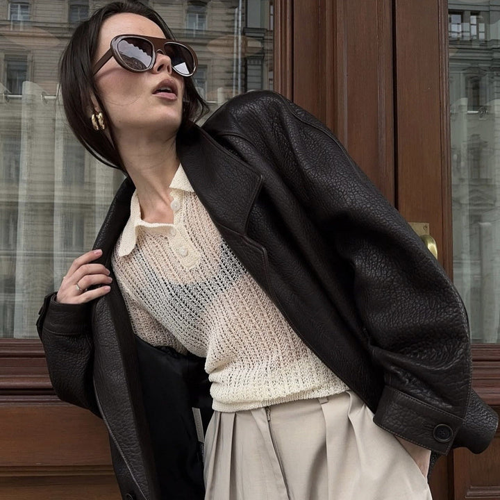 Dam oversize läderlook kappa med Textured Surface och vid Lapels