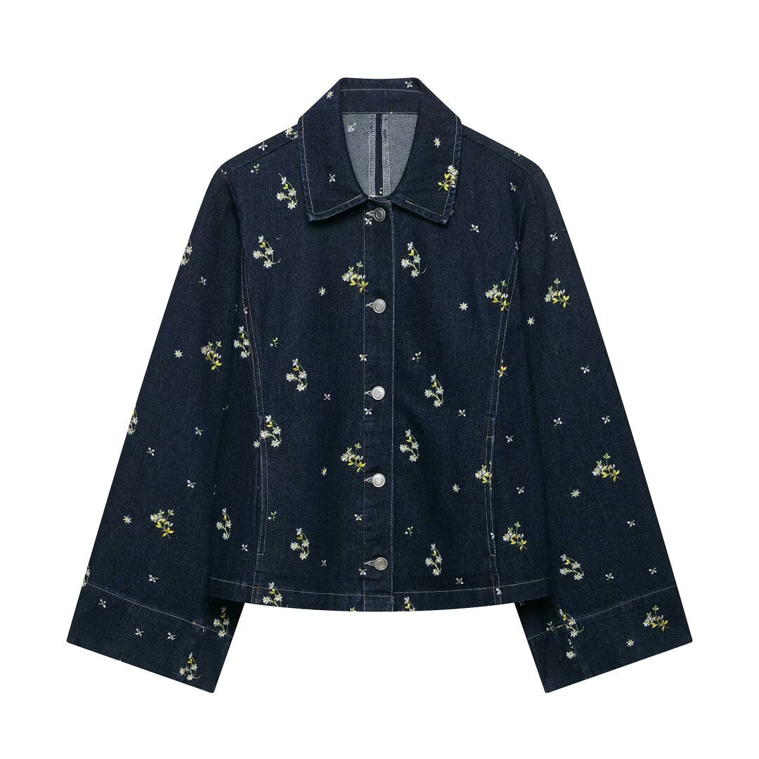 Dam Jeans Jacka med Blommig Embroidery och Boxig Silhuett