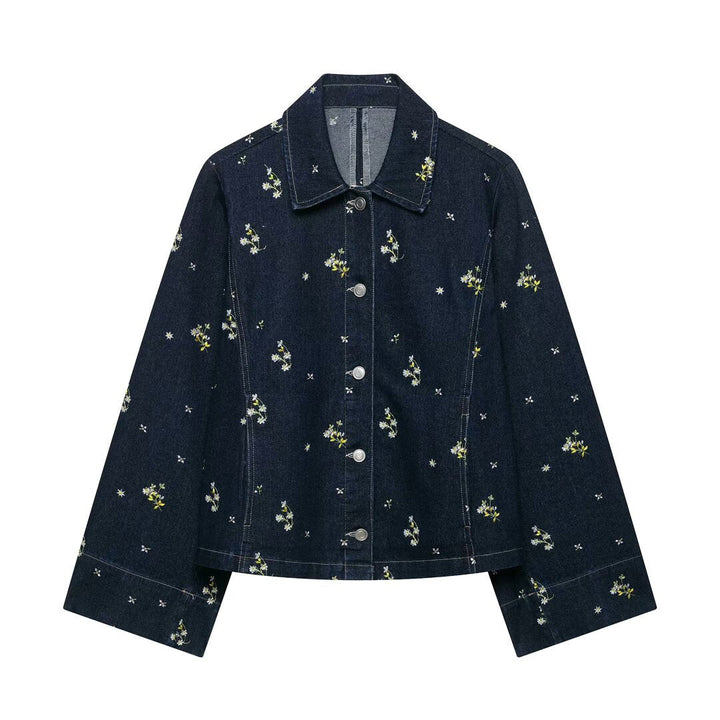 Dam Jeans Jacka med Blommig Embroidery och Boxig Silhuett