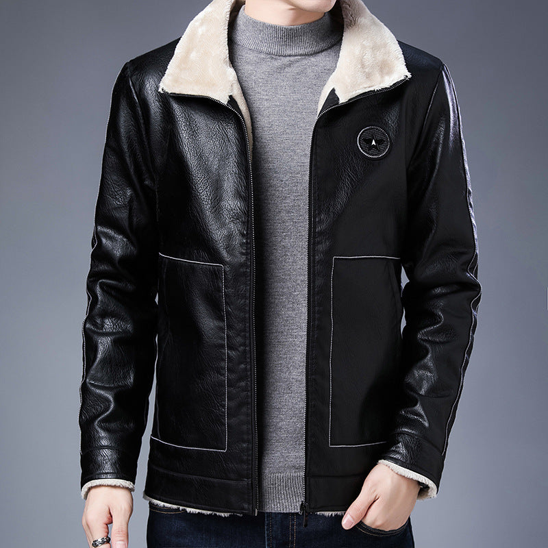 Herr Pilot Blouson i Läder Look med Sherpa Foder och Stående Krage