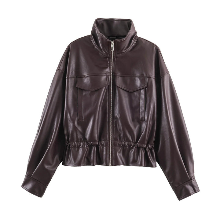 Dam Oversize Blouson Jacka Tillverkad av Vegansk Läder med A Hög Standing Krage och Drawstring Waist