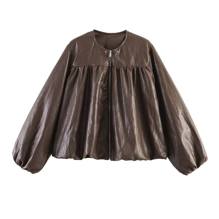 Dam kort jacka med ruched yoke, round neck och balloon ärmar
