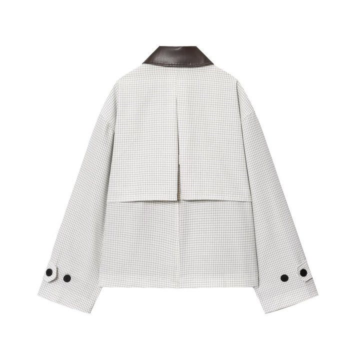 Dam 50+ Oversize Kort Blouson Jacka med Check Mönster och Contrast Krage