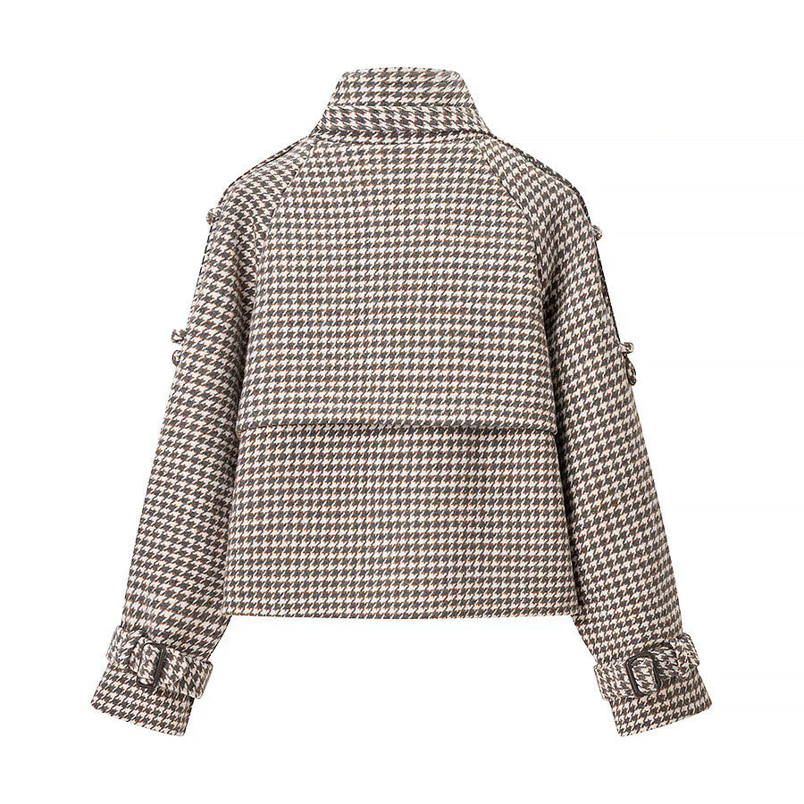 Dam kort double-breasted houndstooth kort kappa med ståkrage och tie cuffs