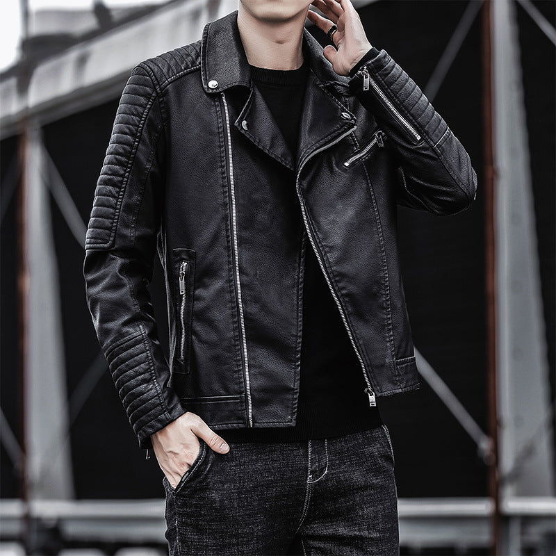 Herr Konstläder Biker Jacka med Quiltad Axel Yoke, Asymmetric Dragkedja och Metal Dragkedja