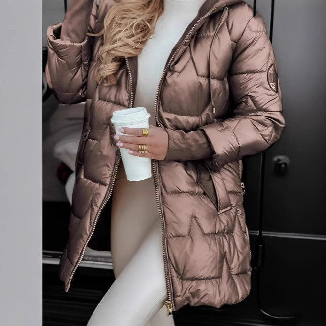 Dam lång skärning vadderad kappa med huva och sido Zippers
