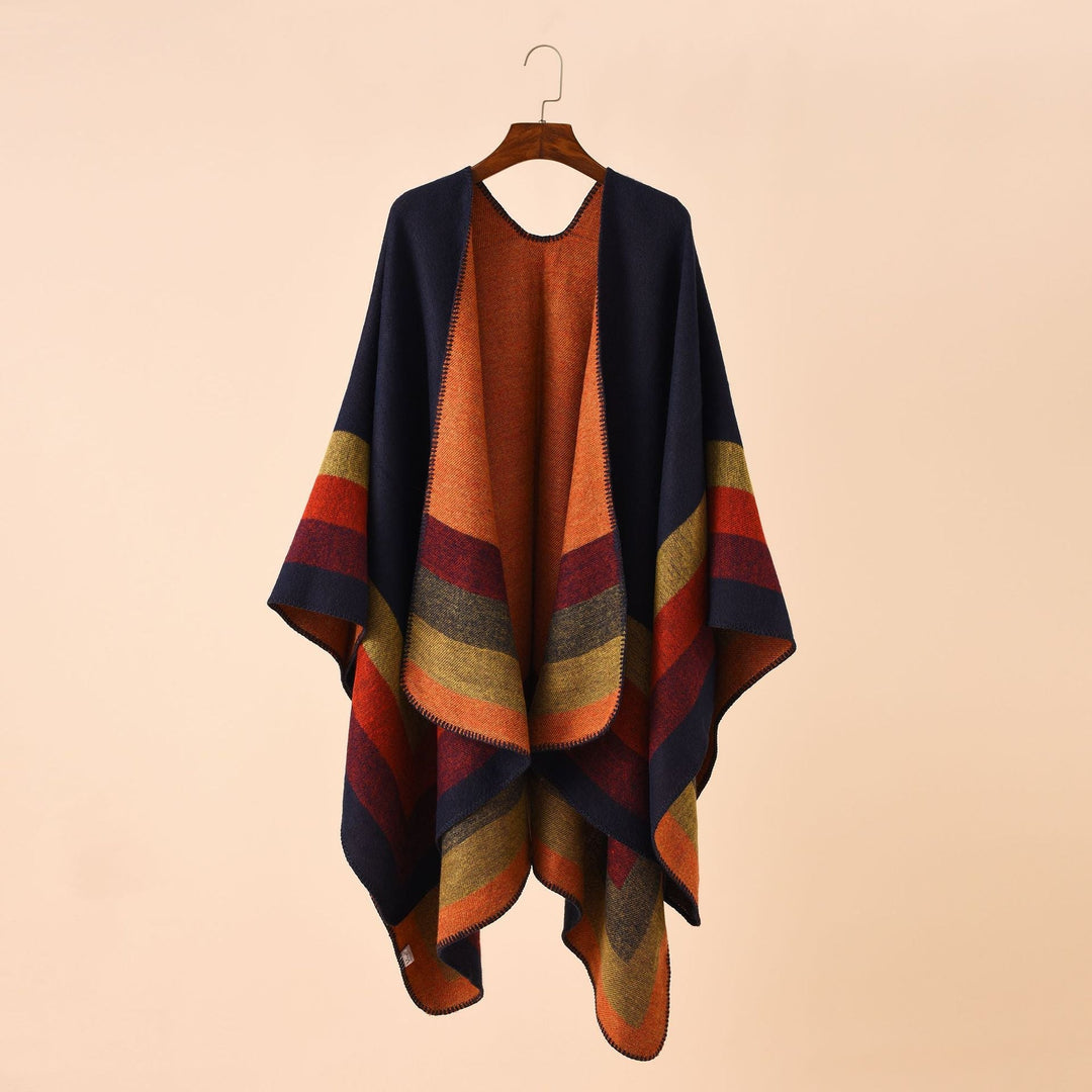 Dam ull-look poncho med asymmetrical block stripes och decorative stitch edge
