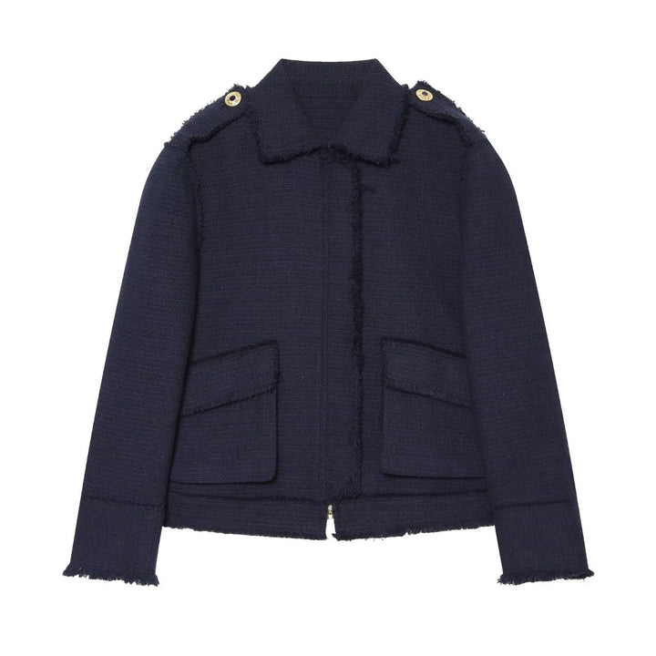 Dam Bouclé Tweed Kort Jacka med Fringe Kant, Epaulettes och Patch Fickor