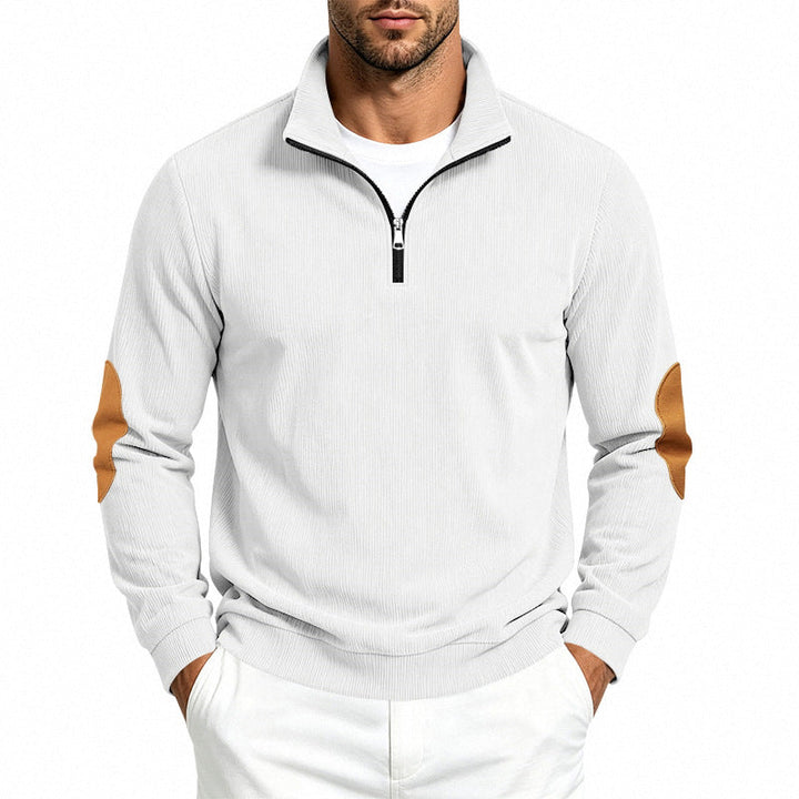 Herr Light Strukturerad Halv Dragkedja Pullover med Cord Elbow Lappar och Ståkrage