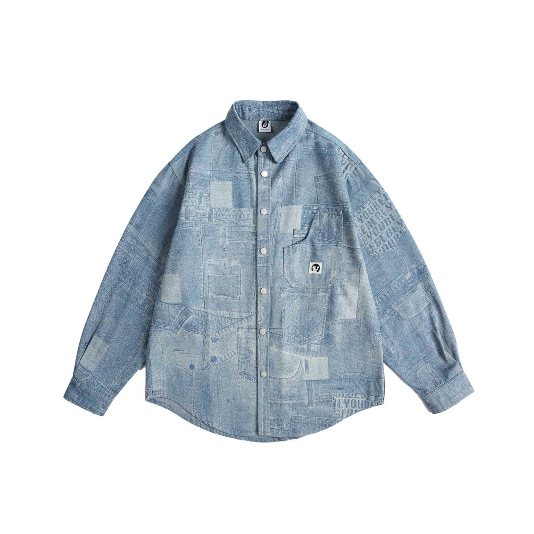 Unisex Oversized-Denim-Skjorta Jacka med Patchwork Tryck och Tryckknappsslå