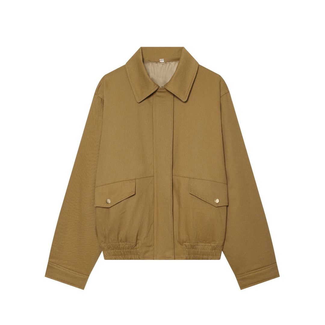 Dam Kort Skärning Utility Blouson Jacka med Skjort Krage, Lock Fickor och Elastic Nederkant