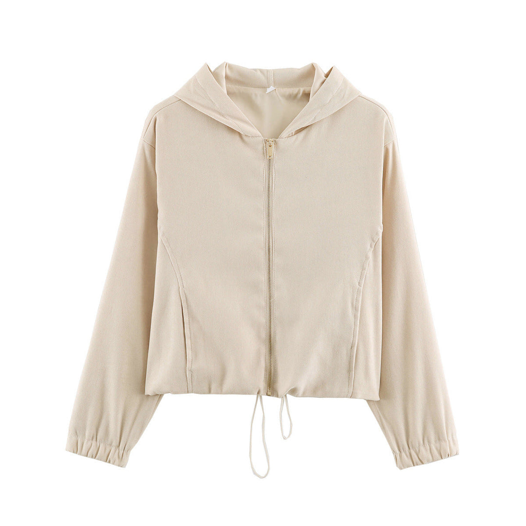 Dam kort jacka in velour look med huva, hellång dragkedja och fåll med dragsko