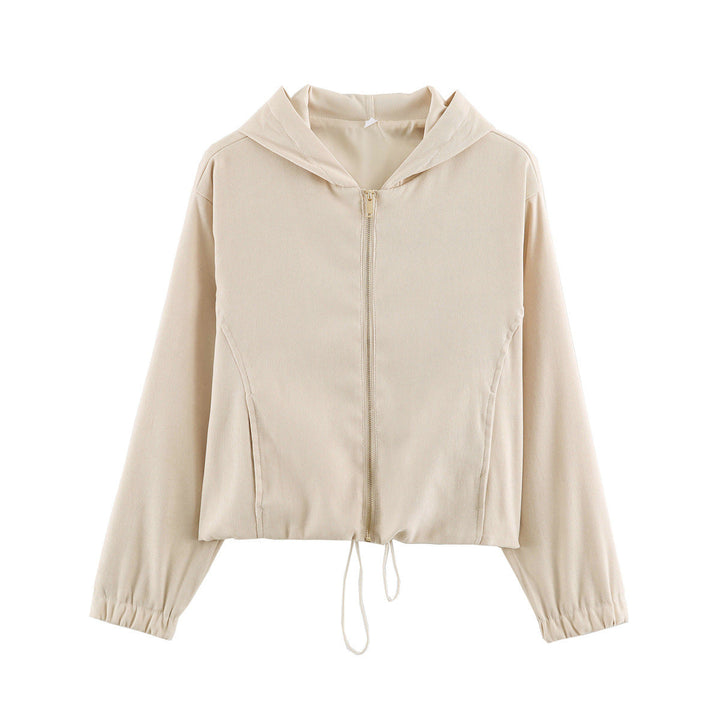 Dam kort jacka in velour look med huva, hellång dragkedja och fåll med dragsko