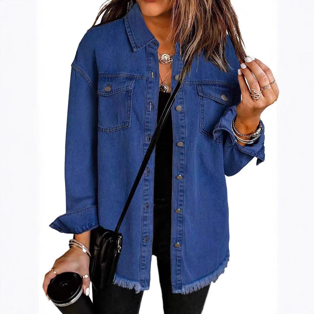 Dam oversize denim skjortjacka med Fringes och bröstfickor