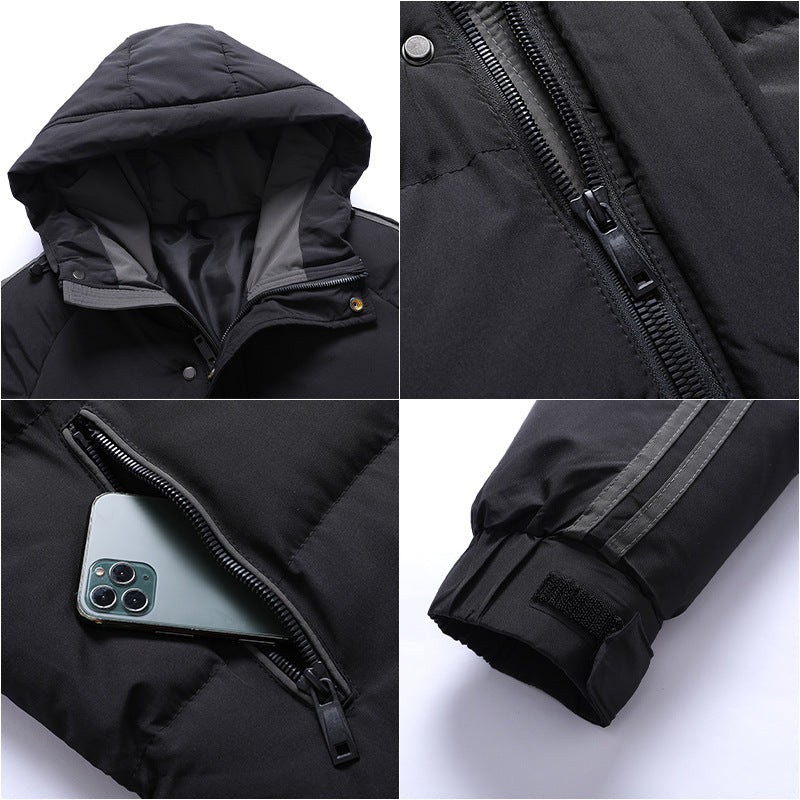 Herr Sportig Quiltad Parka med Huva, Kontrast Trim och Ärm Ränder